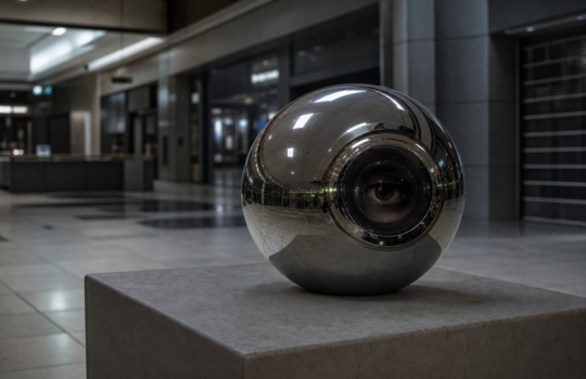 Chrome spherical Orb scanner in a sterile mall, a single human eye reflected on its mirrored surface — Worldcoin iris scan deal